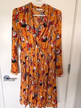 Lucy Paris Mustard Floral Long-Sleeve Pleated V-Neck Dress